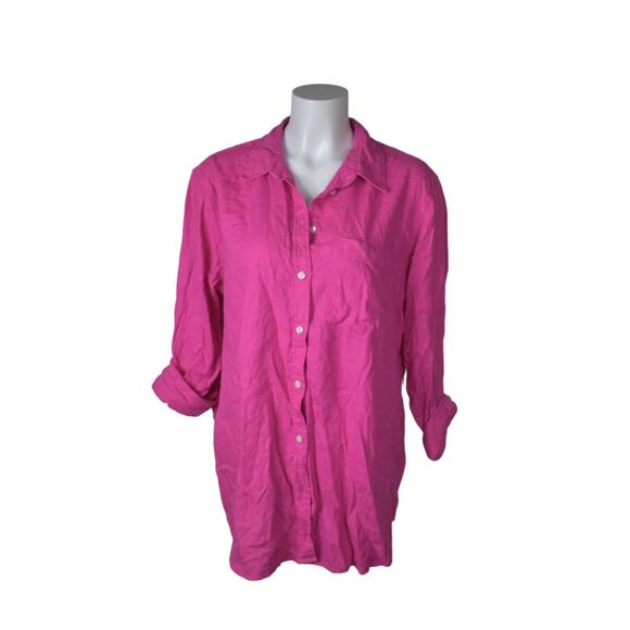Gap Loose Fit Linen Blend Button Up Shirt Hot Pink Breezy Spring Summer Large - Picture 1 of 6